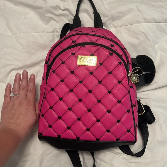 Luv Betsey Johnson Ador Mini Backpack Hot Pink Black Quilted Embroidered Hearts - Picture 9 of 9
